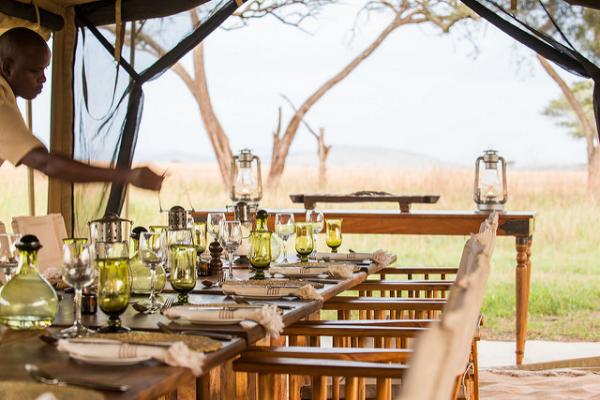 Outdoor communal dining table set for a group dinner in the African bush.